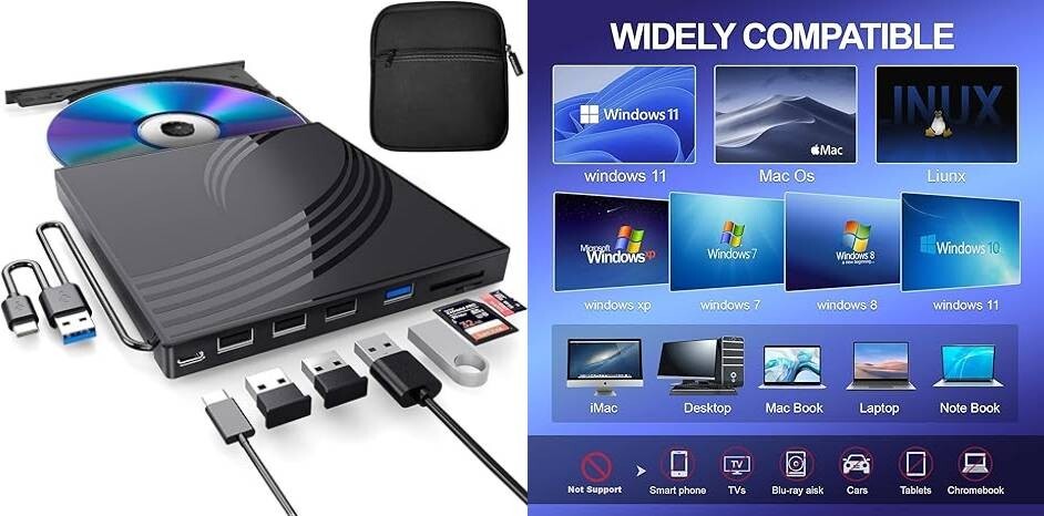 Unidad de CD/DVD externa para computadora portátil con estuche de transporte.