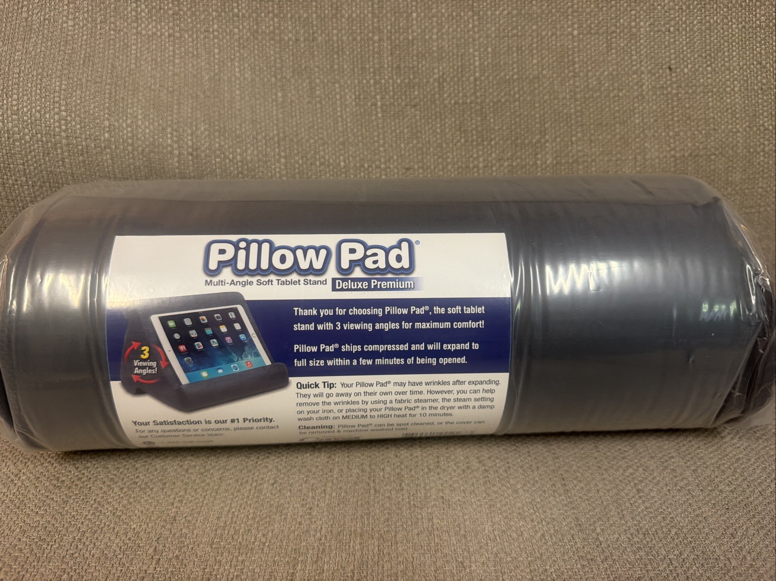 Ontel Pillow Pad Multi-Angle Soft Tablet Stand iPad Kindle Grey NIB New