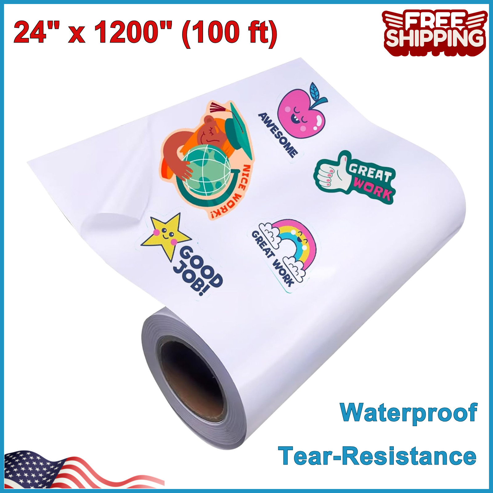 Printable Waterproof Vinyl Sticker Paper Roll 24" x 1200" For Inkjet Printer