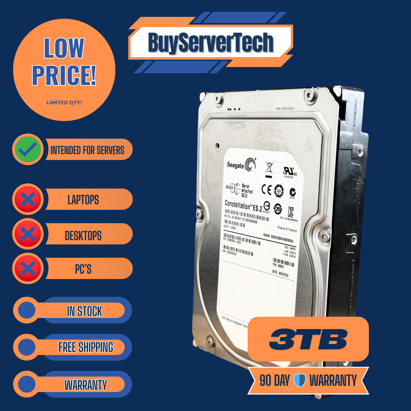 ST33000650SS Seagate 3TB 7.2K RPM 6Gbps 3.5" SAS HDD Hard Drive (ST33000650SS)