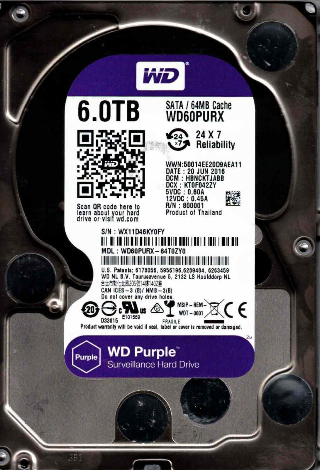 WD60PURX-64T0ZY0,  HBNCKTJABB,  WESTERN DIGITAL SATA 6TB WX11 JUN 2016