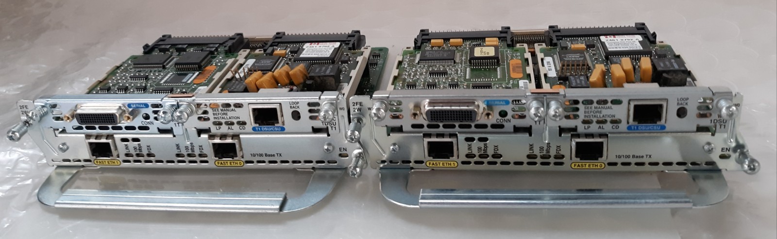 Pair of Cisco 2FE-2W Dual Port 10/100 Ethernet Modules w/ 2x WIC-1T+WIC-1DSU-T1