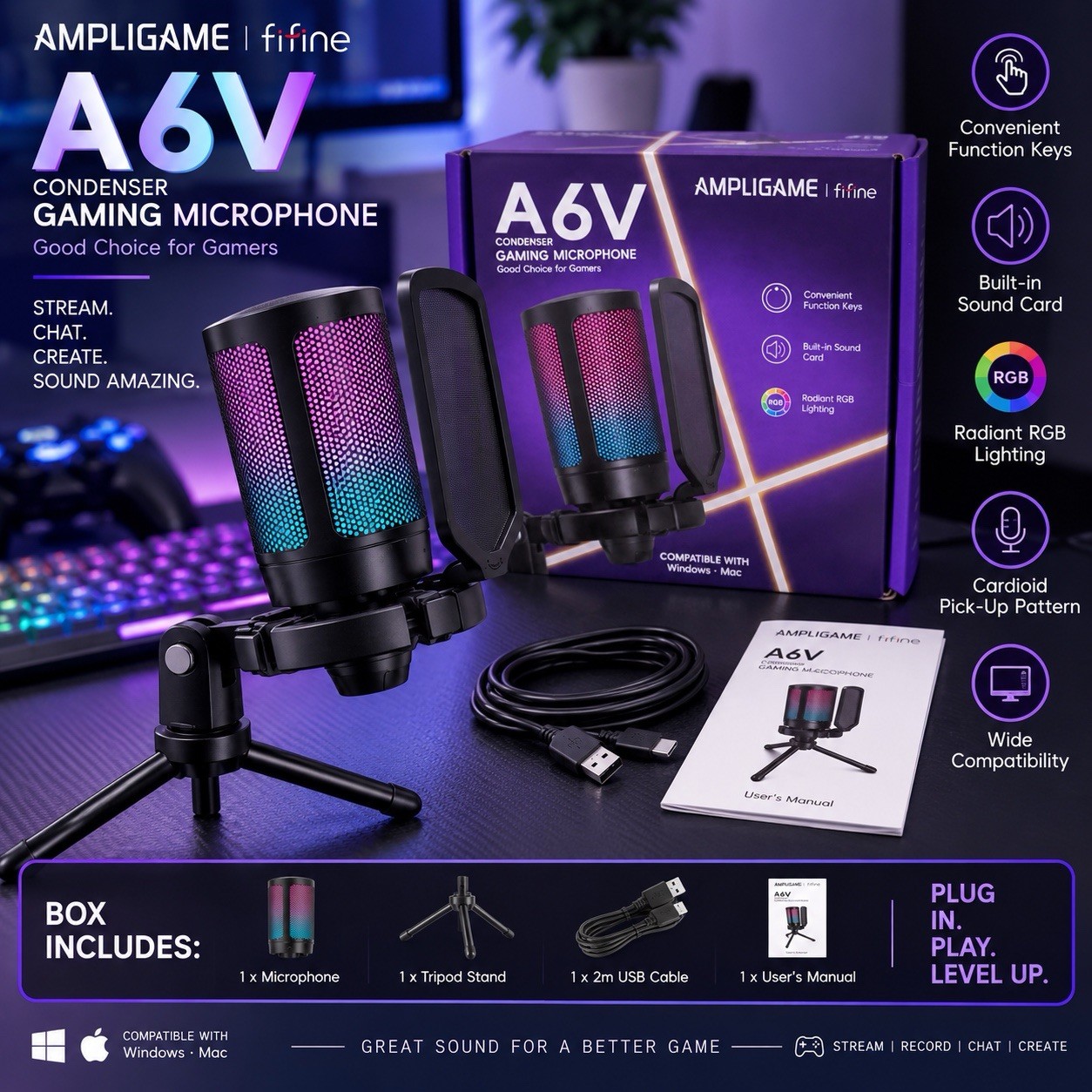 Fifine A6V Ampligame USB Condenser Gaming Microphone RGB w/ Tripod Stand