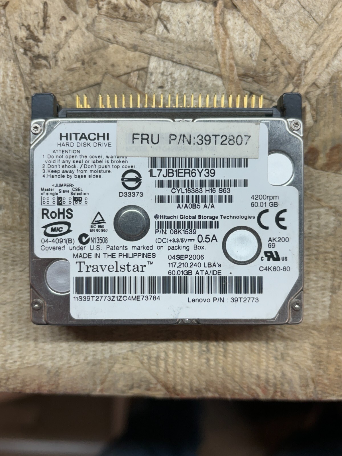 Hitachi 60GB HDD PATA/IDE/EIDE 4200RPM 1.8" Hard Drive for Laptop 08k1539 - hva