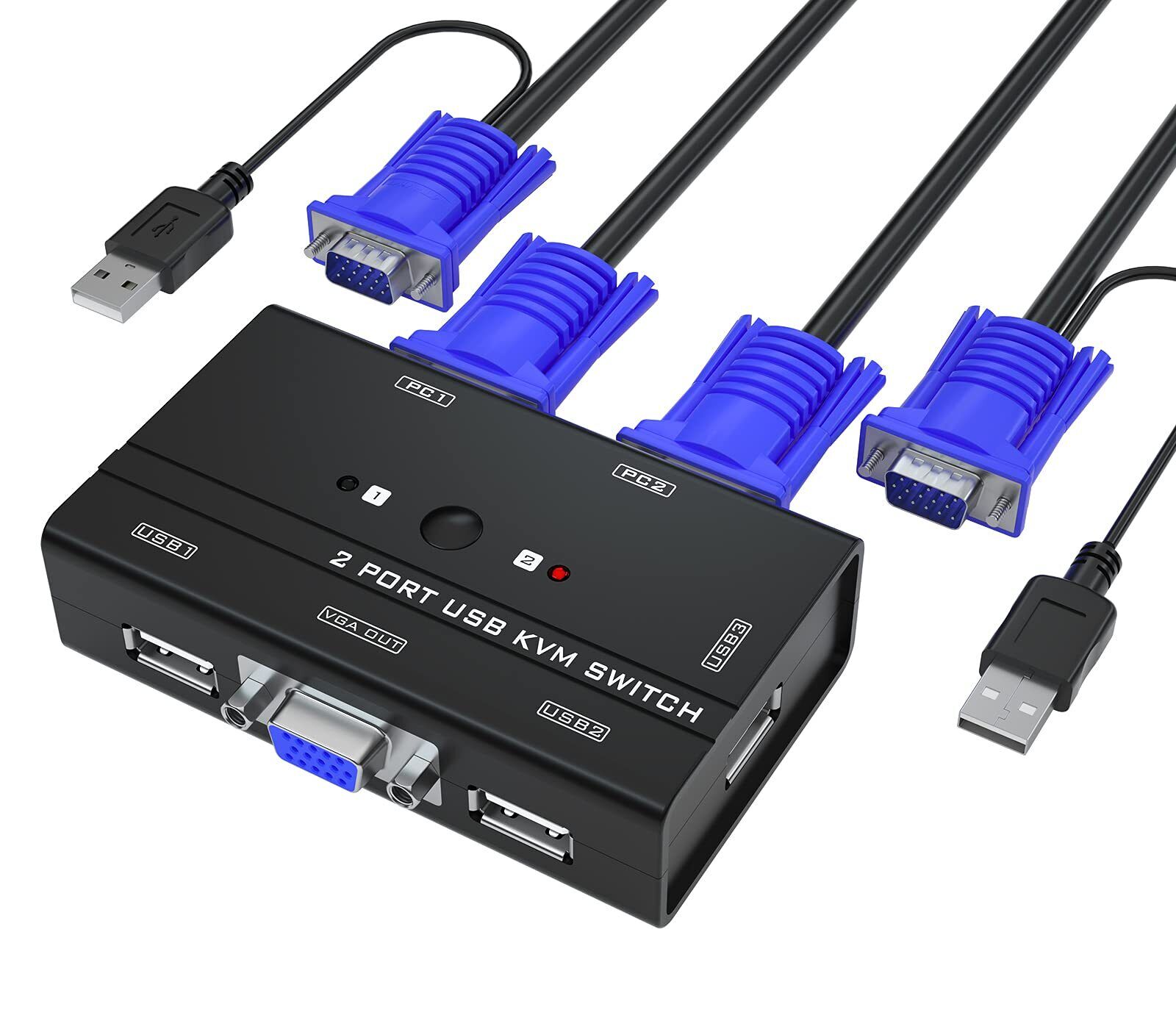 Yinker VGA KVM Switch, 2 Port USB VGA KVM Switch w/2 KVM Cables & 3 USB Hubs for