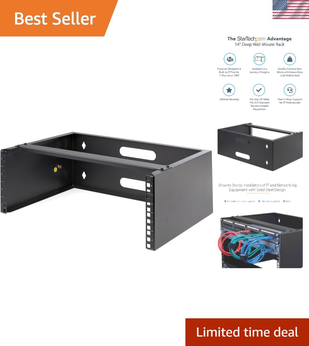 Heavy-Duty 4U Wall Mount Patch Panel Bracket - 14” Depth, Steel Construction