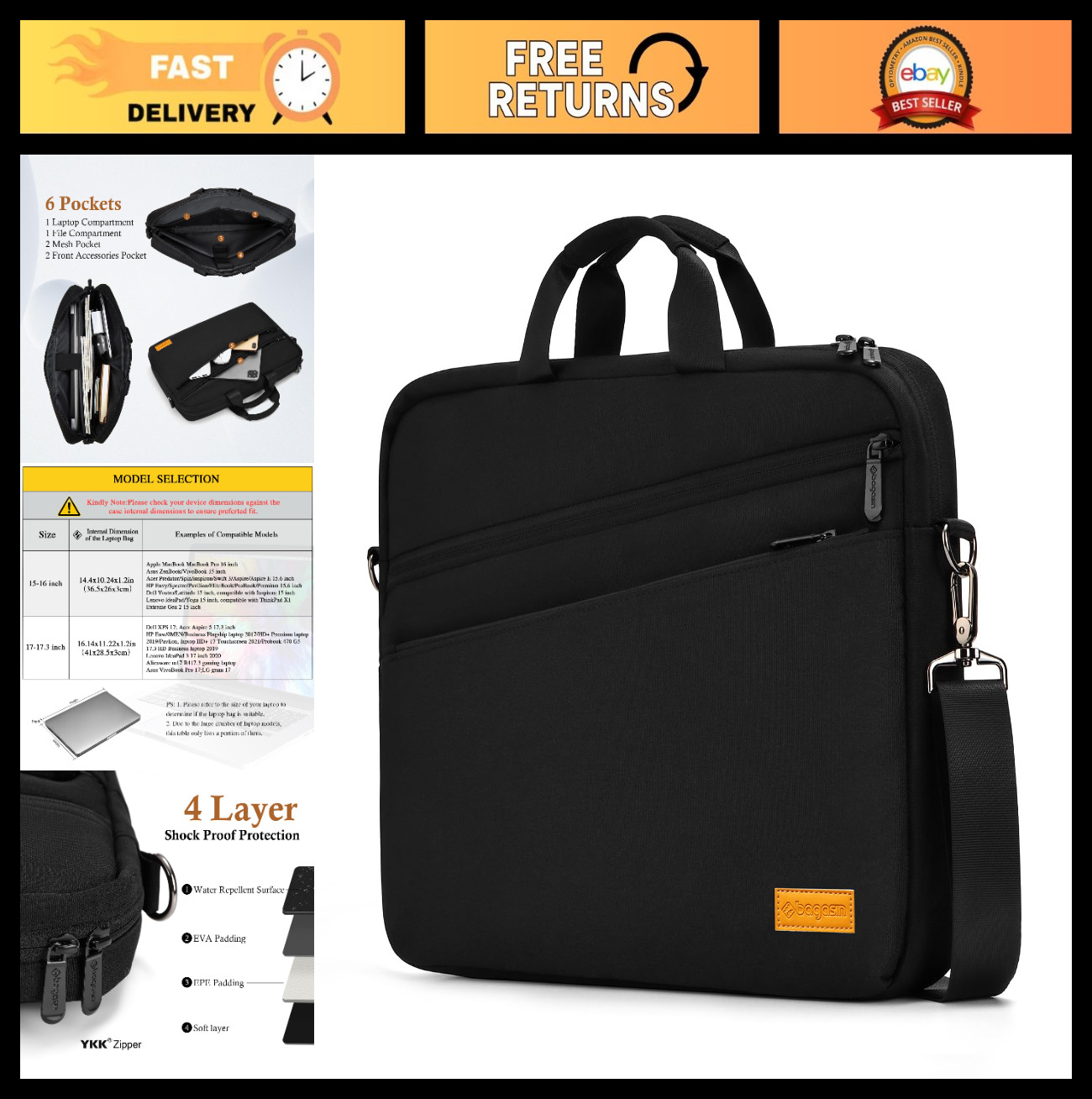 15-16 Inch Laptop Shoulder Bag, Water-Repellent Briefcase, Lightweight Toploader