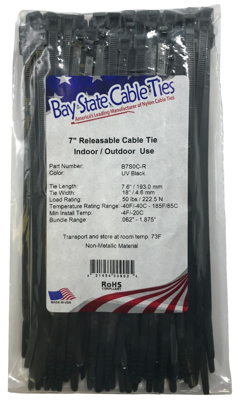 (100) Black Releasable 7" Inch Nylon Cable Wire Wrap Zip Ties 50 LBS USA MADE