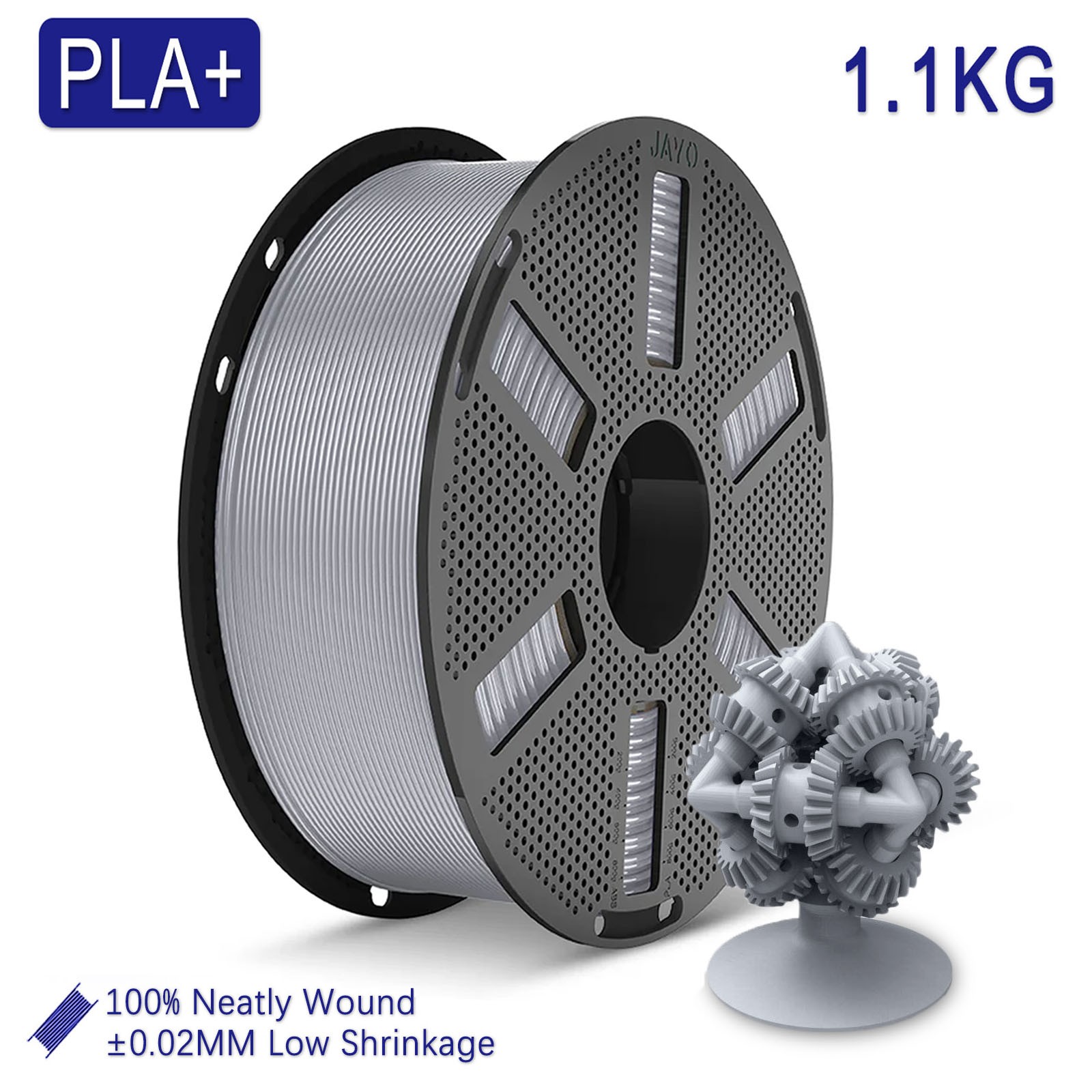 JAYO 1.1KG PLA+ Silver 3D Printer Filament 1.75mm Warping Free Better Adhesion