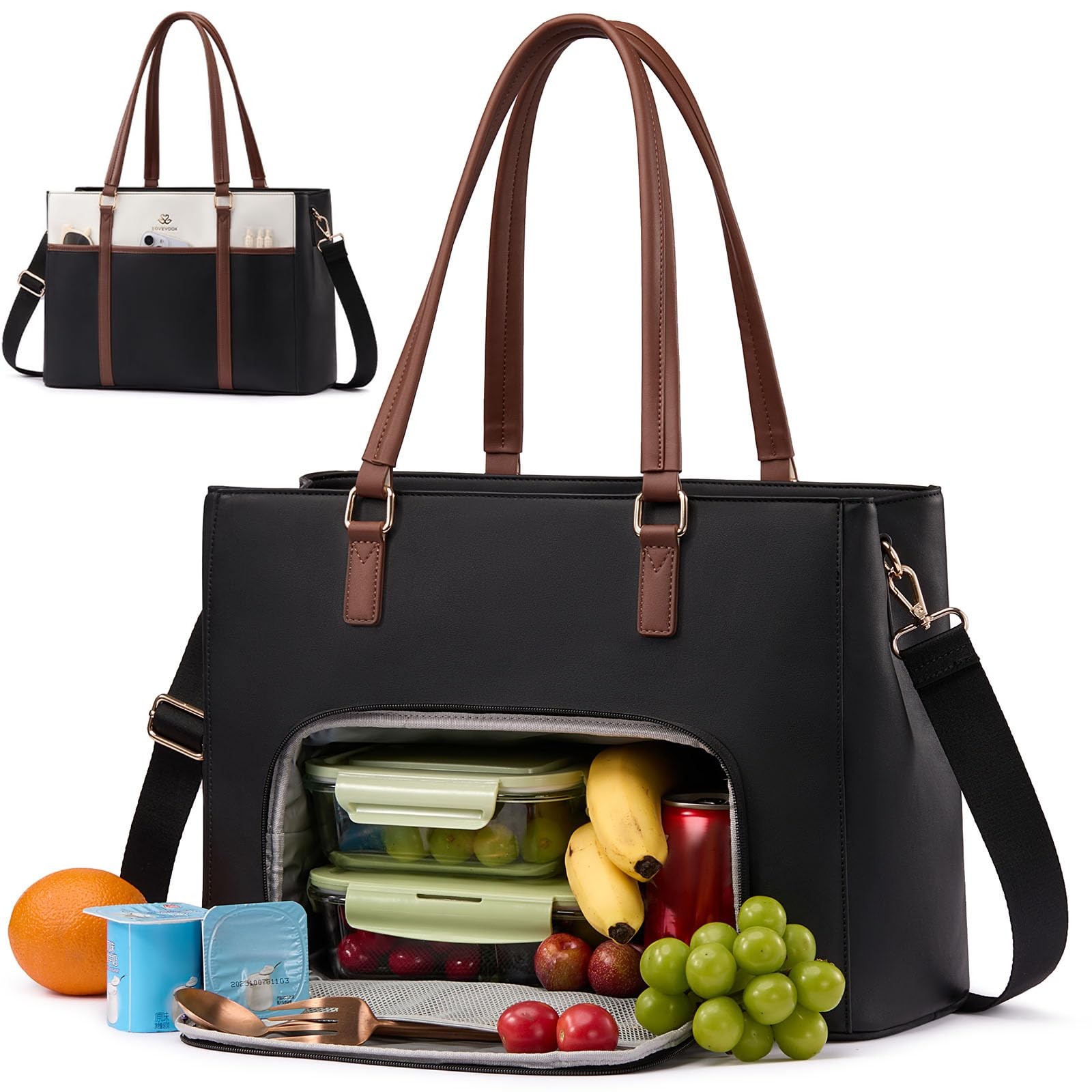 Lunch Bag for Women, Leather Laptop Tote Bag with Insulated Lunch Compartment...