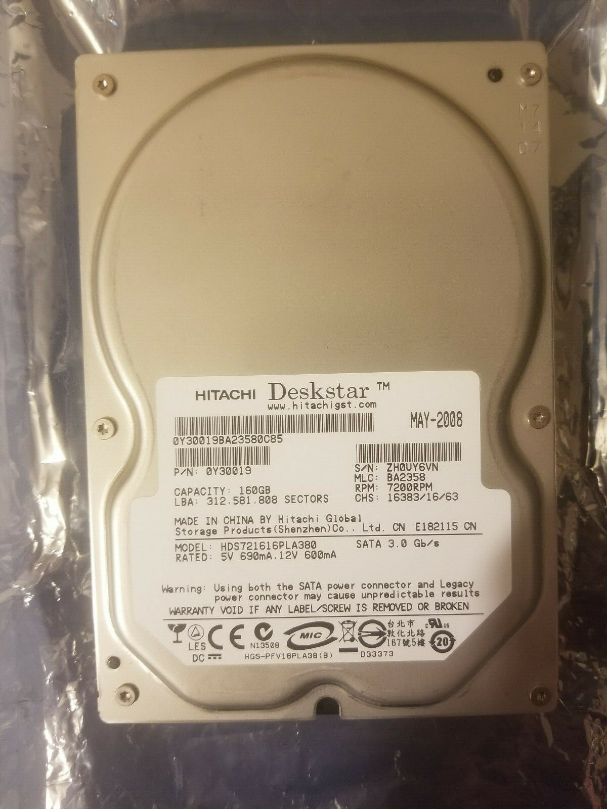 Hitachi HDS721616PLA380 MLC BA2358 PN 0Y30019 SATA 160GB 3.5" HD