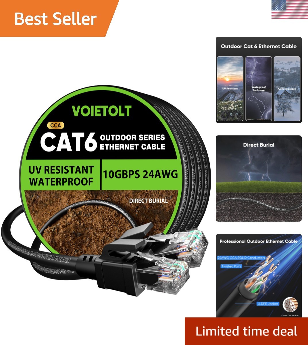 150 ft Cat 6 Outdoor Ethernet Cable - 10Gbps Waterproof Direct Burial Solution