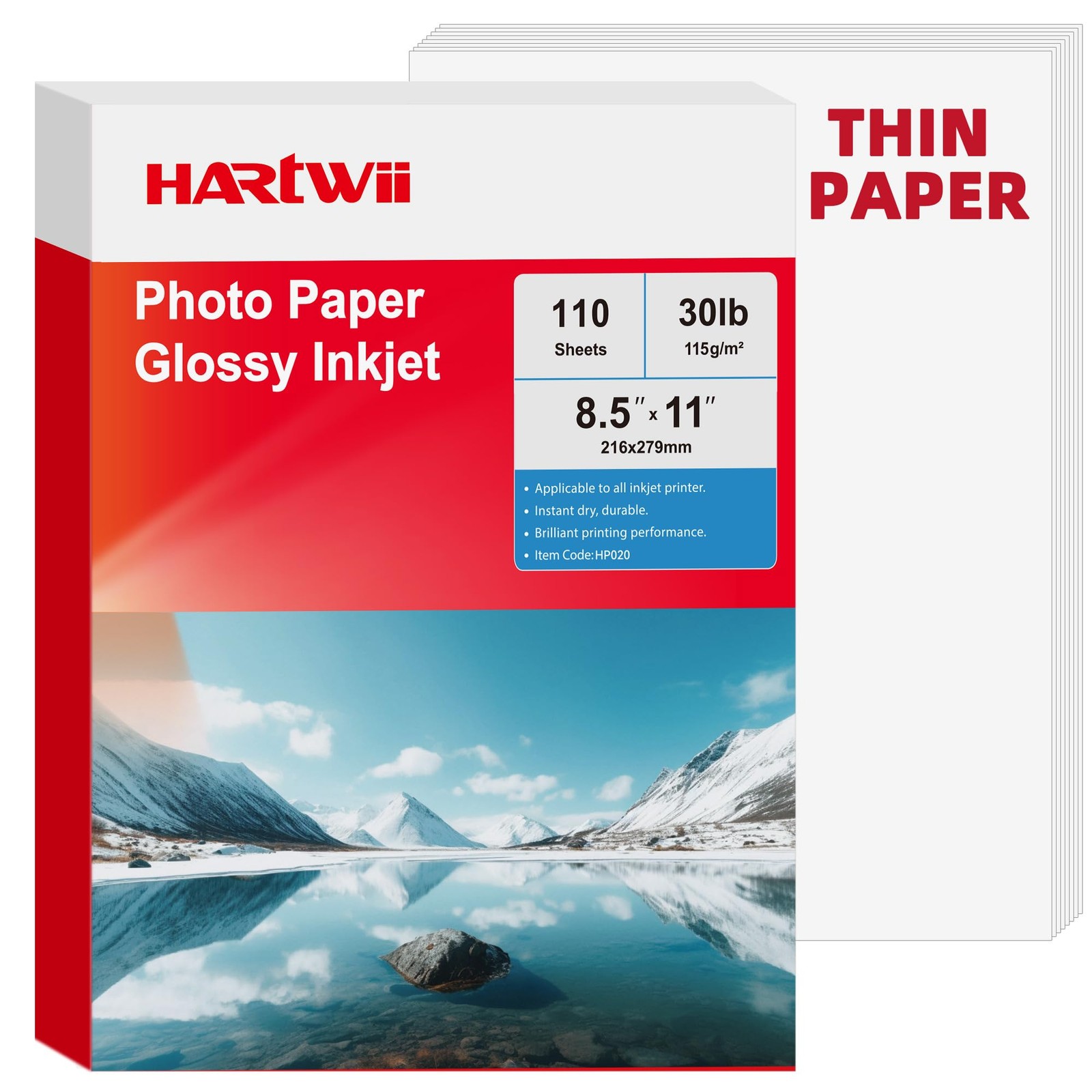 HARTWII Thin Glossy Inkjet Paper 8.5x11 Inches 30LB,110 Sheets 115gsm