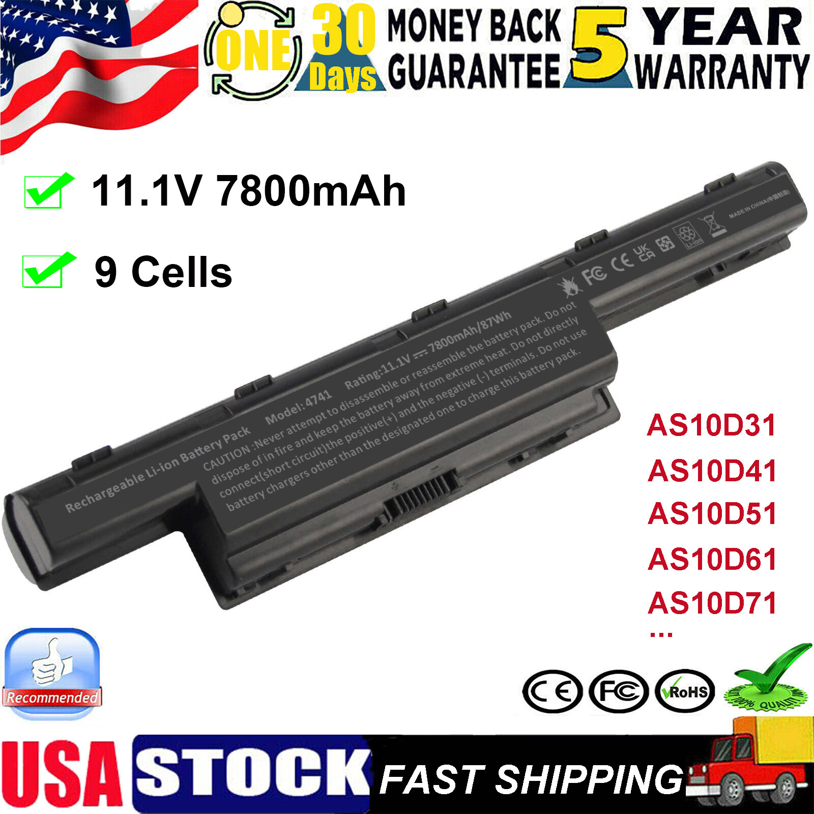 9Cells Laptop Battery For Acer 4741 7741 AS10D31 AS10D51 AS10D61 AS10D73 AS10D71