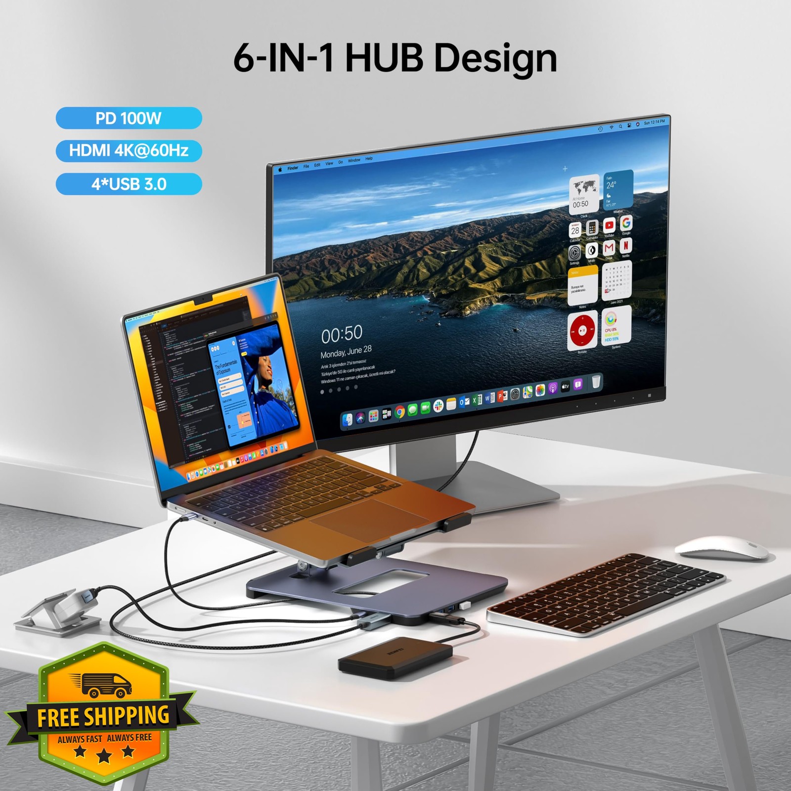 BENFEI USB C 6in1 Docking Station Laptop Stand 4K HDMI USB3.0 PD