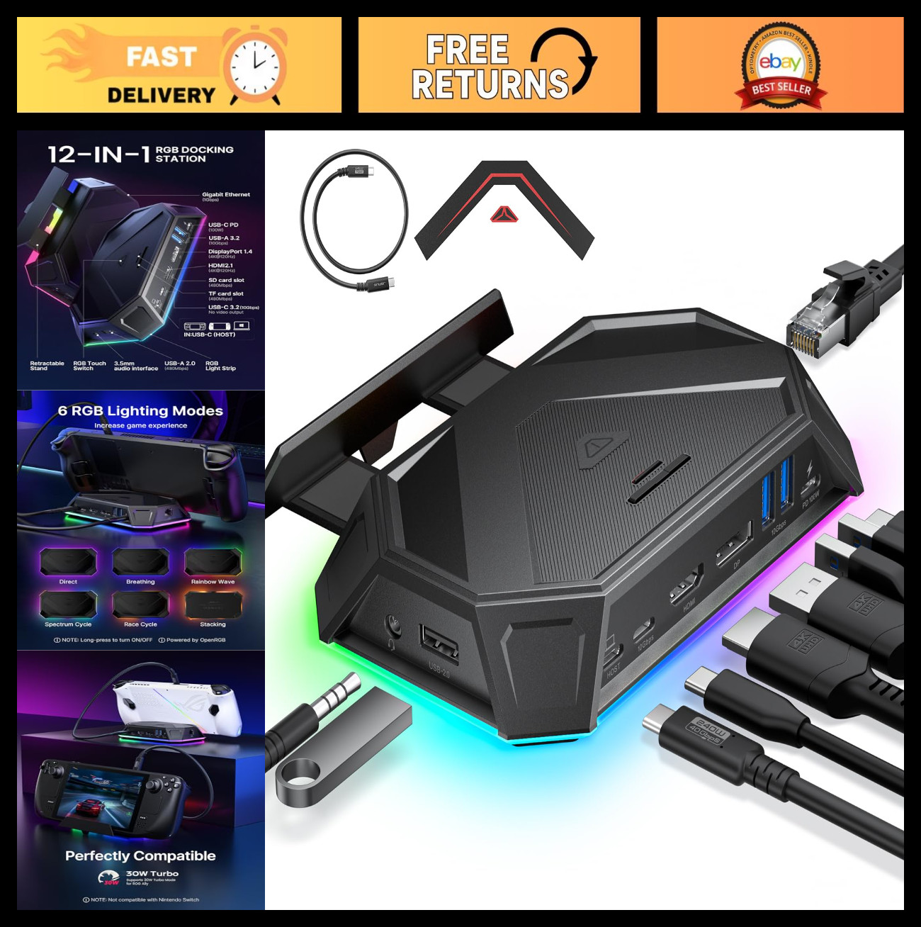12-in-1 RGB Docking Station for Steam Deck, ROG Ally & Legion Go - 4K HDMI, USB-