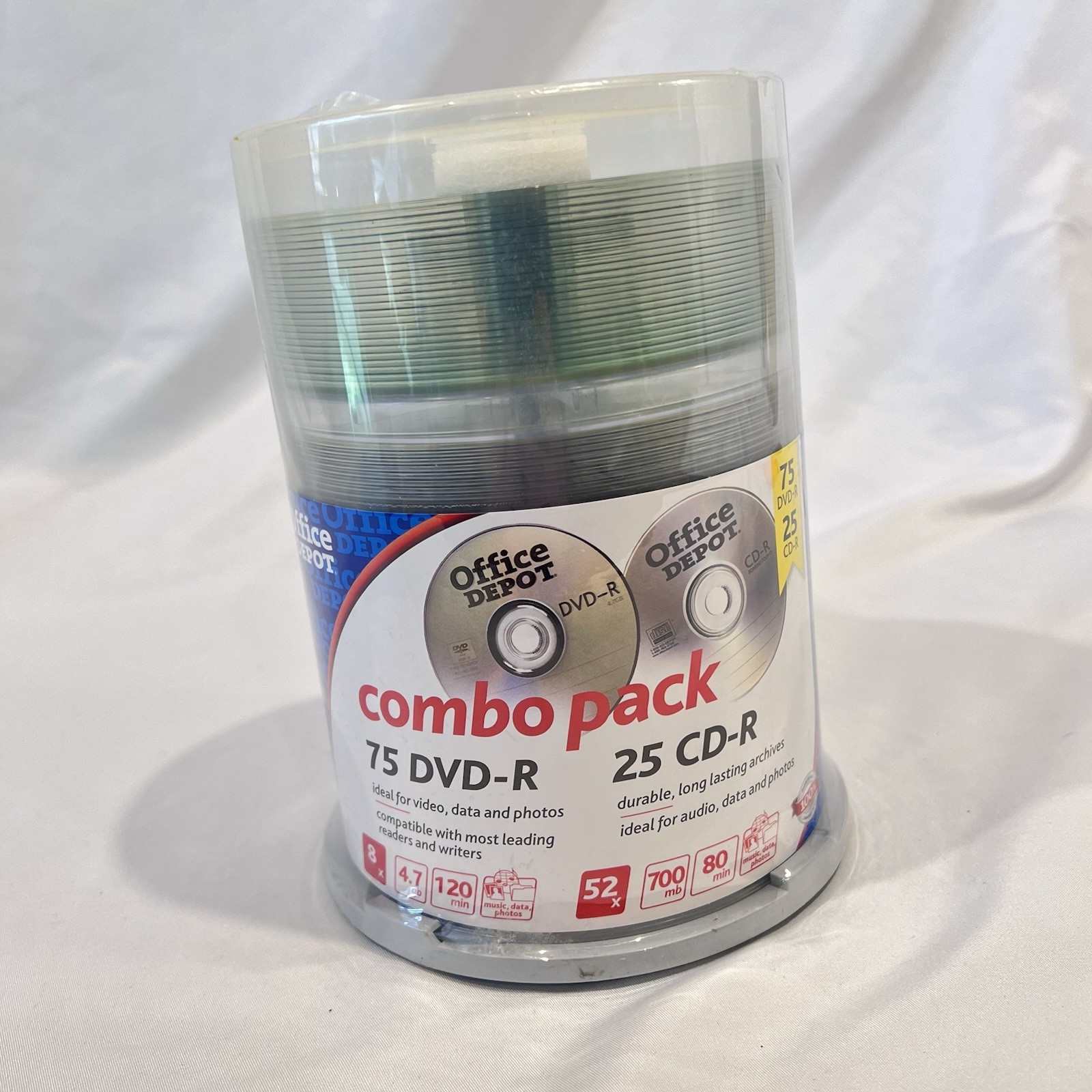 Office Depot 75 DVD-R 25 CD-R Combo Pack 100 Disc Spindle Sealed 8x 52x