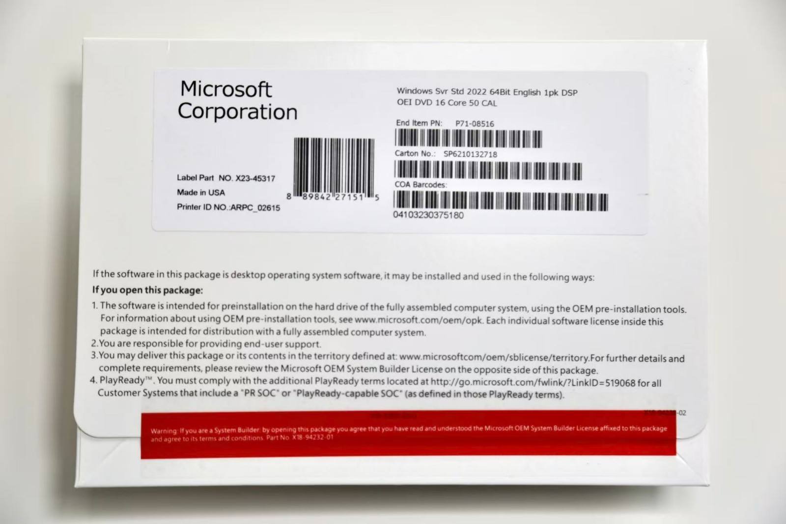 Win Server Std 2022 64-bit  DVD 16 Core 50 CAL Product Key New + 
