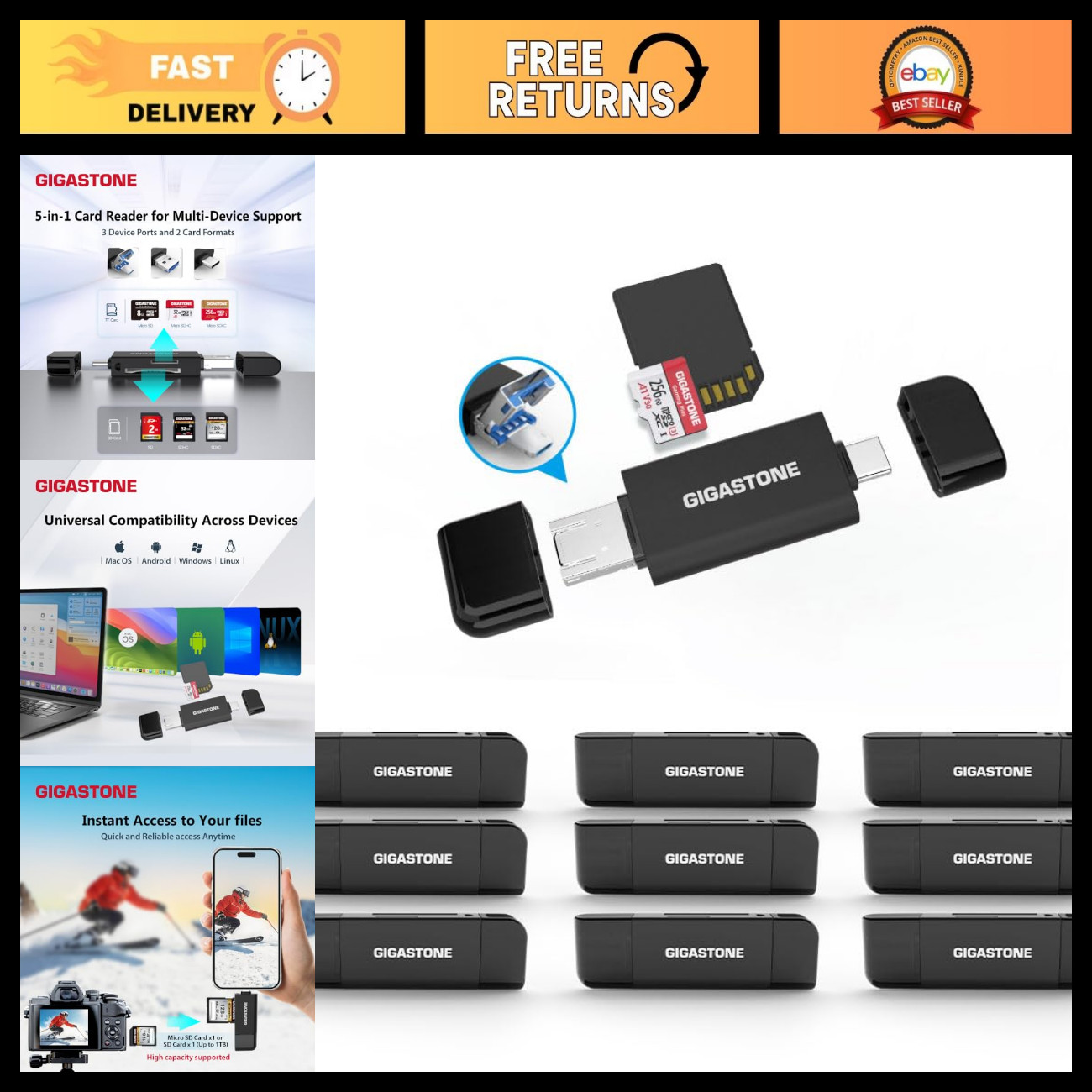 10-Pack 5-in-1 USB-A/USB-C SD Card Reader, Dual Slot for SD/Micro SD/SDHC/SDXC,