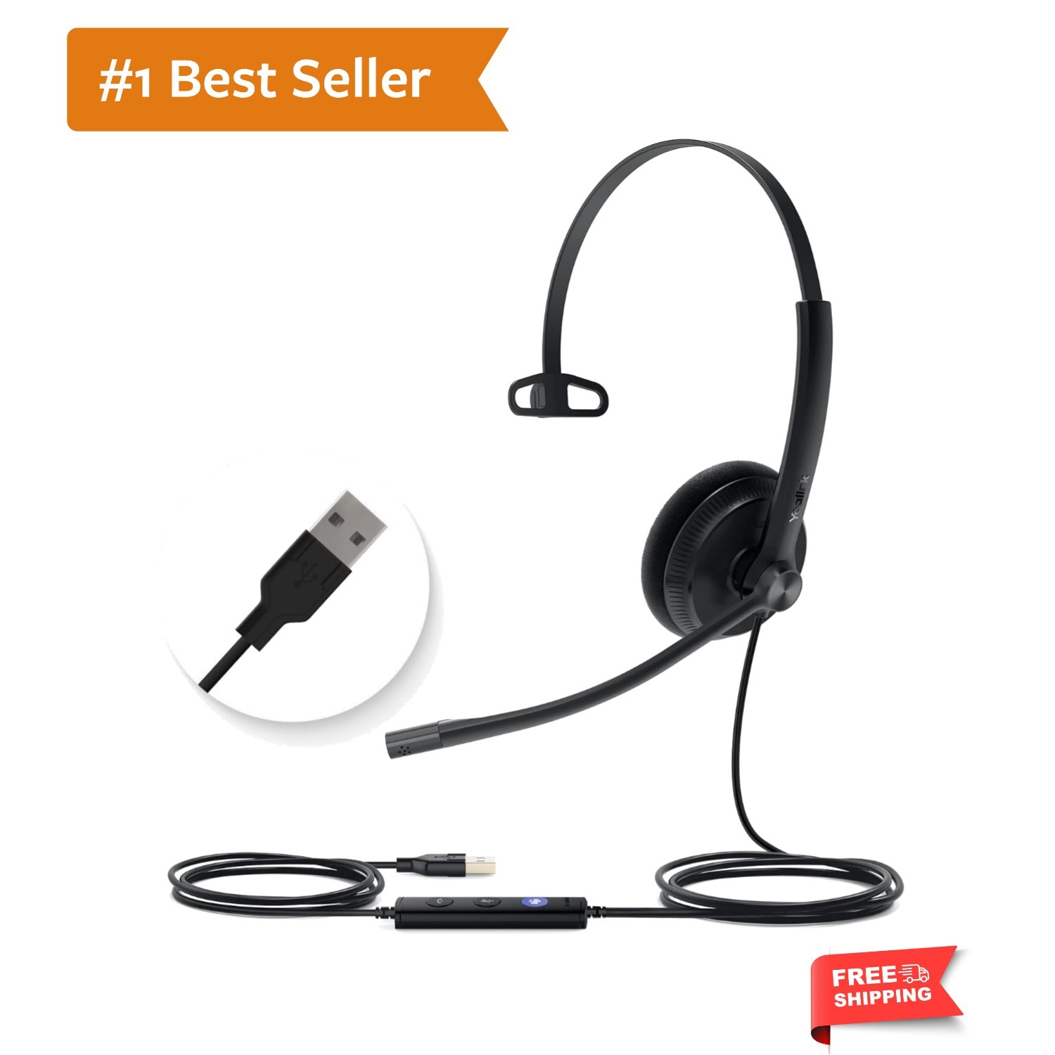 Lightweight UH34 Mono USB Headphones with Passive Noise Cancellation for Comfort