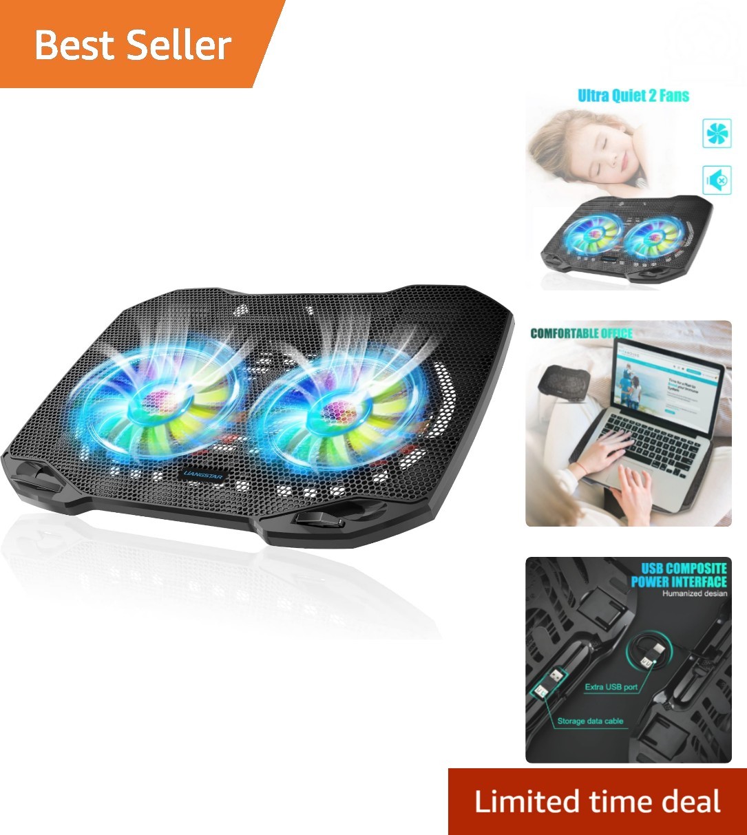 Heavy-Duty Metal Laptop Cooling Pad with RGB Lights & Dual Fan Functionality