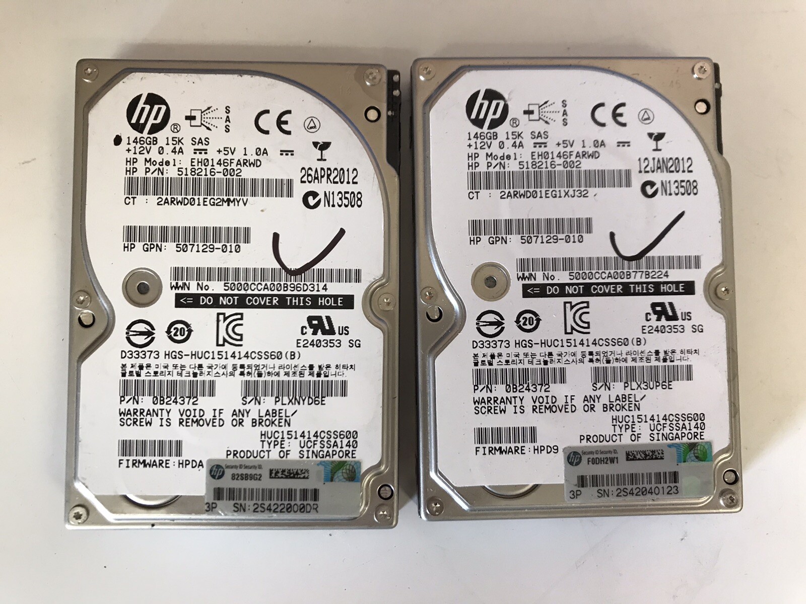 ~ 3×  HP EH0146FARWD 2.5” 146GB SAS HDD