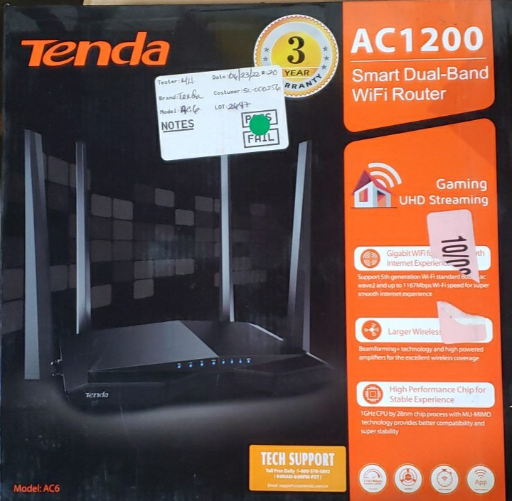 Tenda AC6 AC1200 Smart Dual Band 867 Mbps 3 Port Wireless Router, Untested