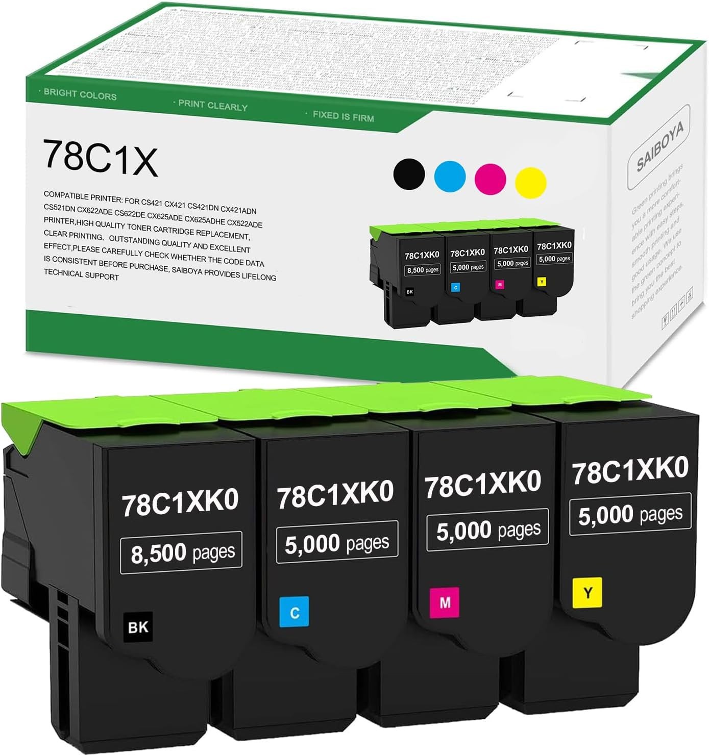 78C1X Toner Cartridge for Lexmark CS421 CX421 CS521 CX522 CX622 CX625 Series
