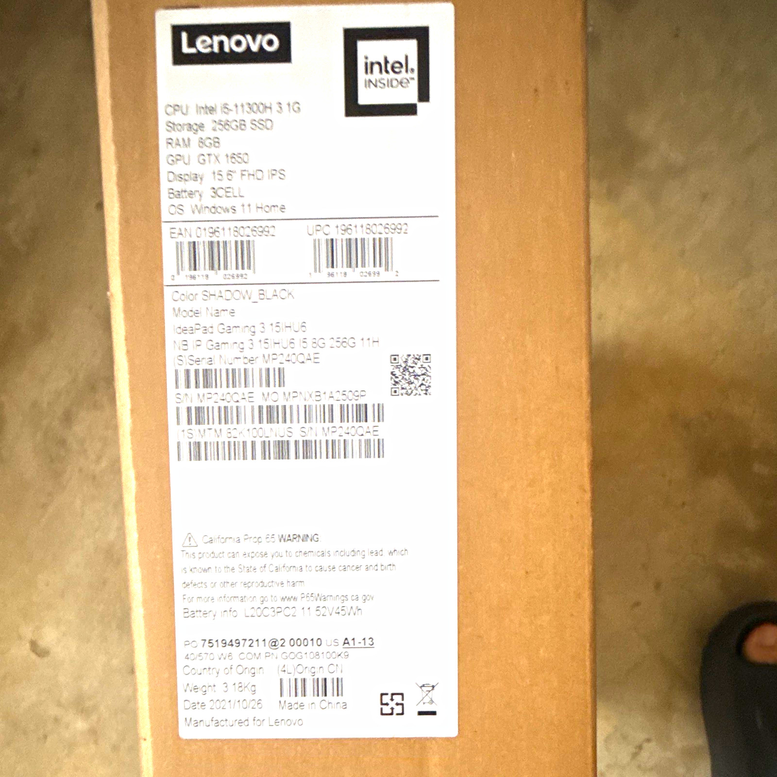Lenovo IdeaPad Gaming 3 15IHU6 15.6in FHD i5-11300H 8GB 256GB SSD GTX1650 W11H