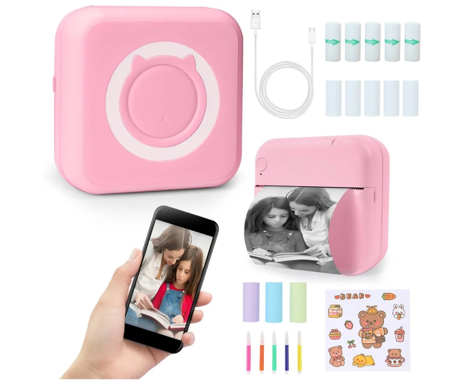 Portable Mini Printer C15 Thermal Bluetooth Mobile Printer, B&W, Pink NEW