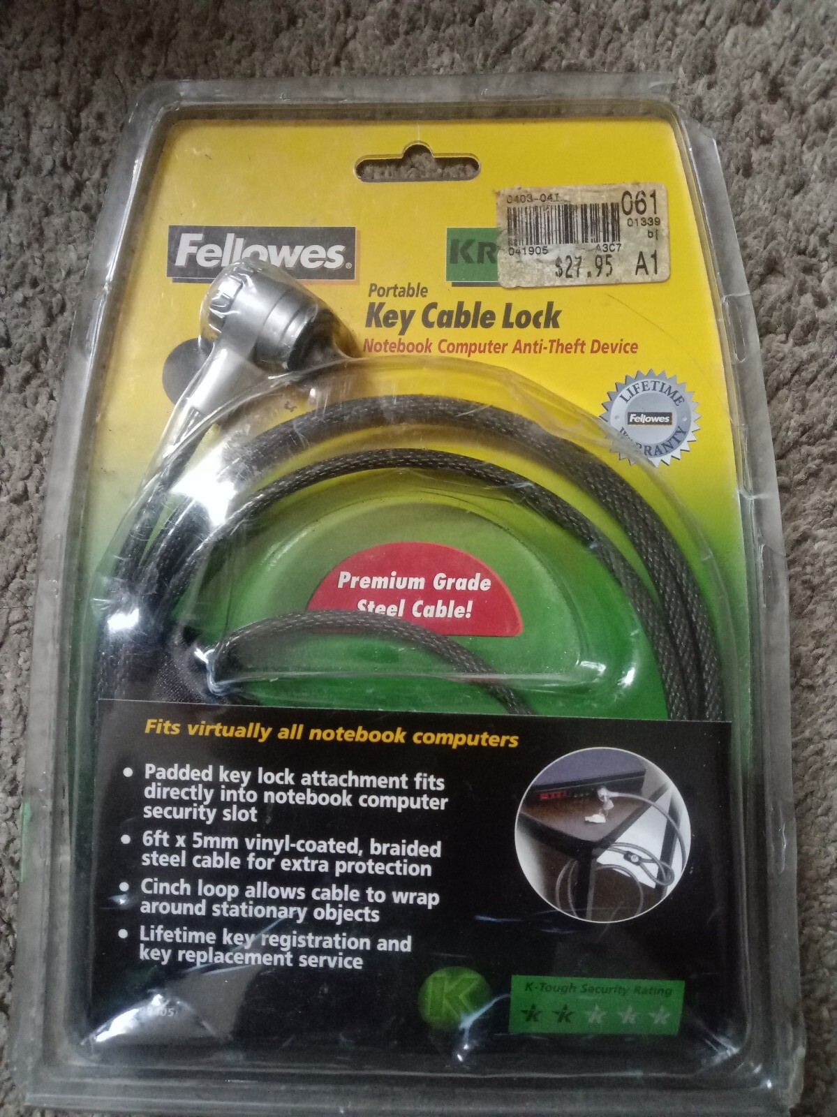 Fellowes Portable Key Cable Kryptonite Anti-theft Lock for Notebook Laptops NIP