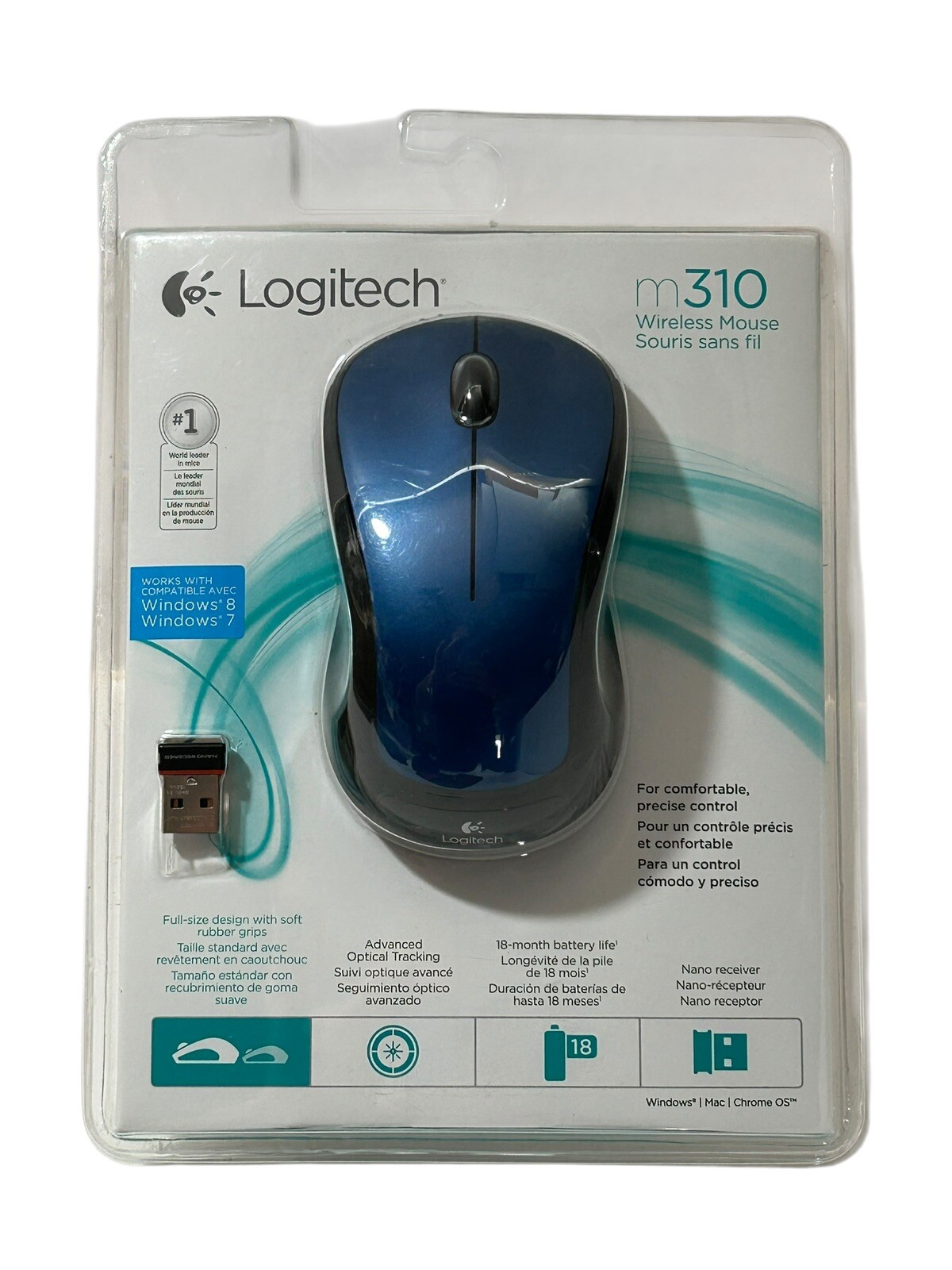 Logitech M310 Full Size Wireless Mouse M310 Peacock Blue 910-001917 Rubber Grip