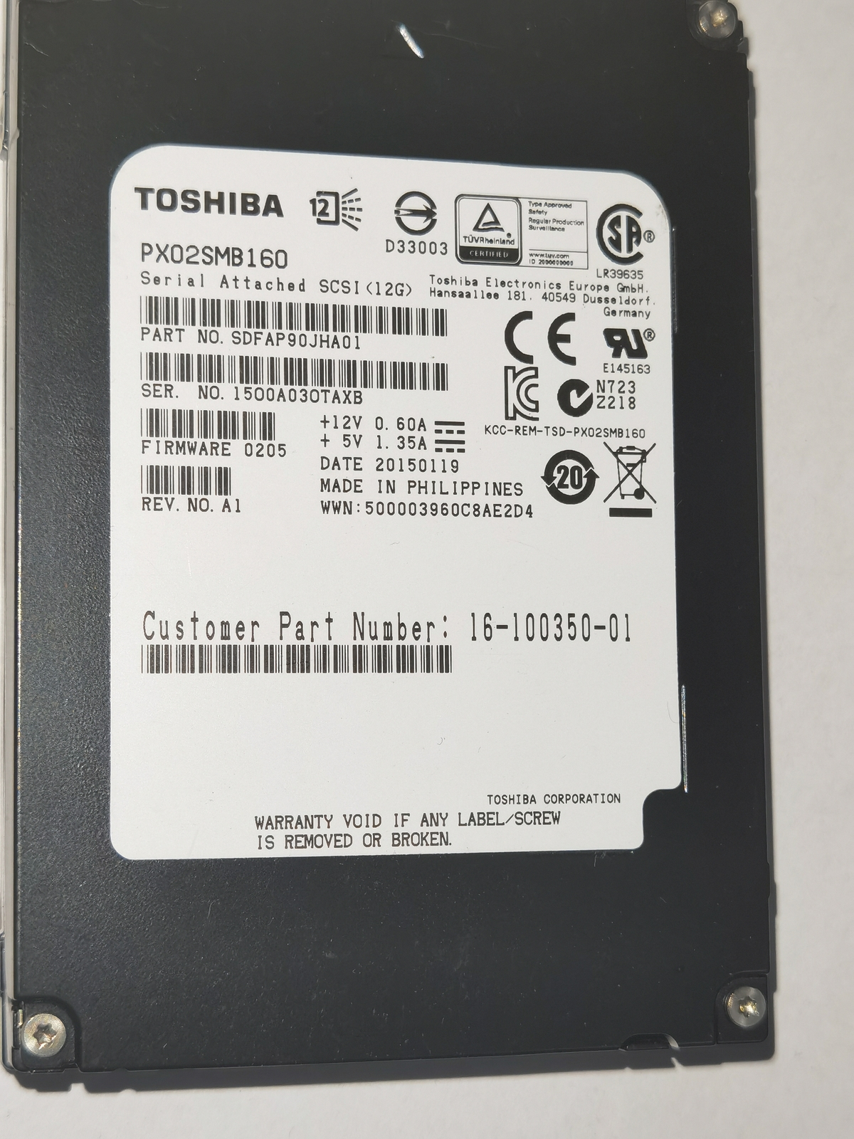 Toshiba 1.6TB SAS 2.5" SSDPX02SMB160 SDFAP90JHA01 15O0A03OTAXB Solid State Drive