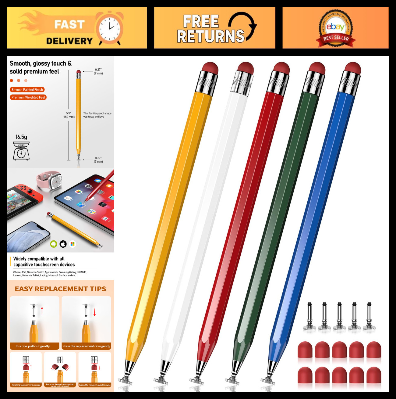 5-Pack Universal Stylus Pens for Touchscreen Devices | High Sensitivity 2-in-1 T