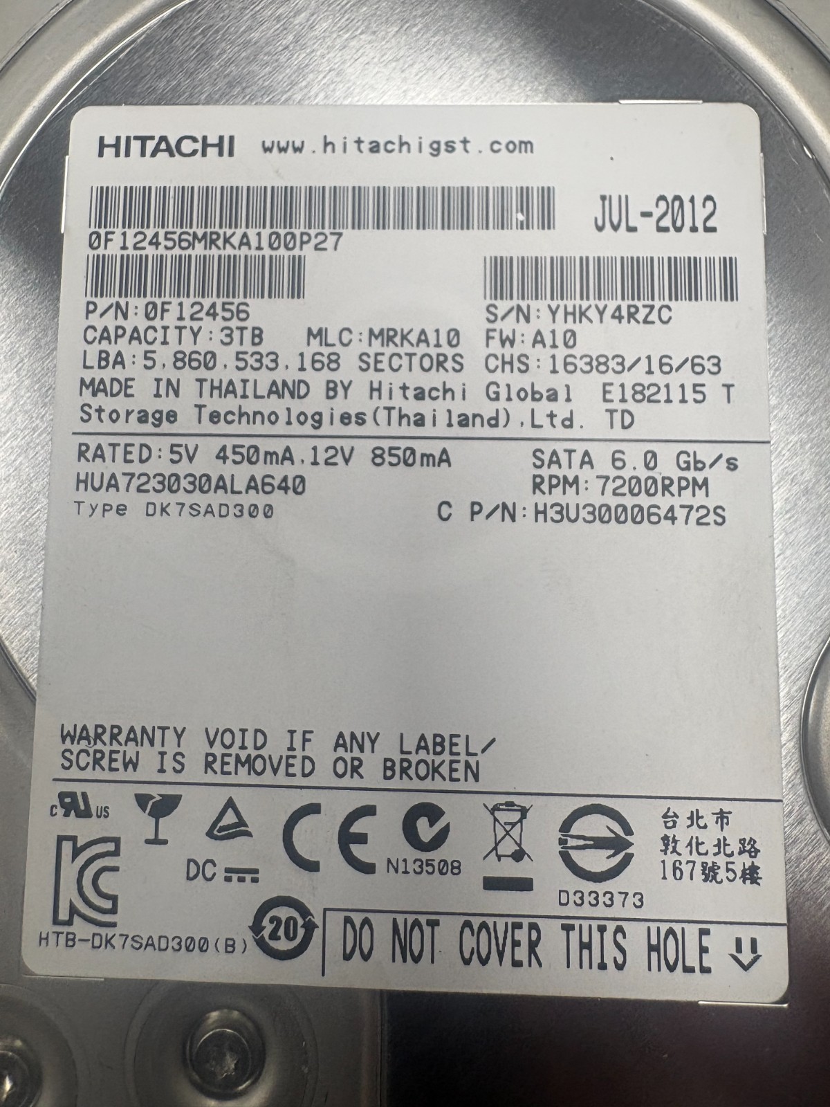 HITACHI HUA723030ALA640 3TB 7.2K 3G SATA 3.5" HDD 0F12456 H3U30006472S