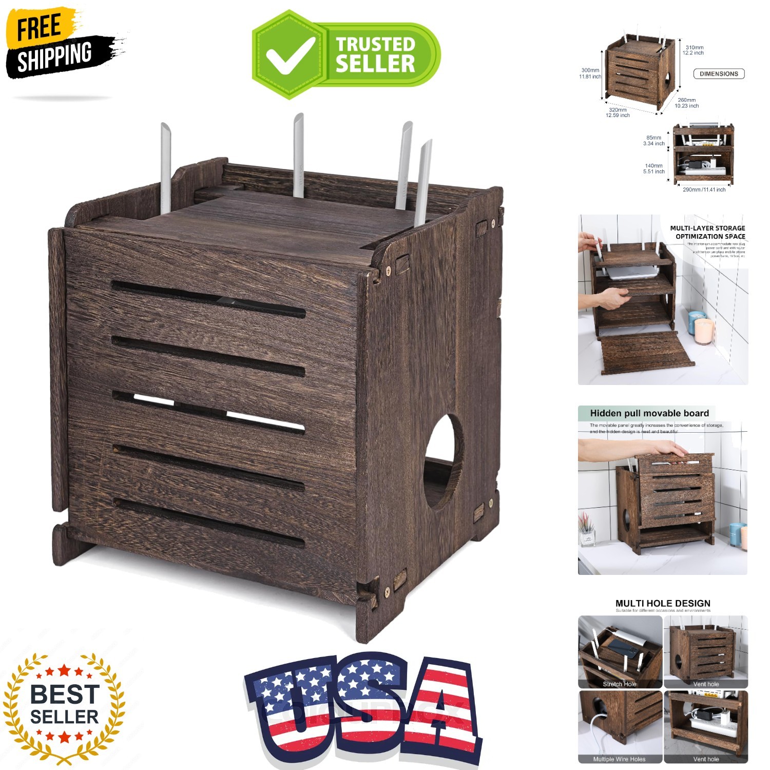Wooden Wireless WiFi Router Storage Box Modem Router Cover Wood Shelf Power S...