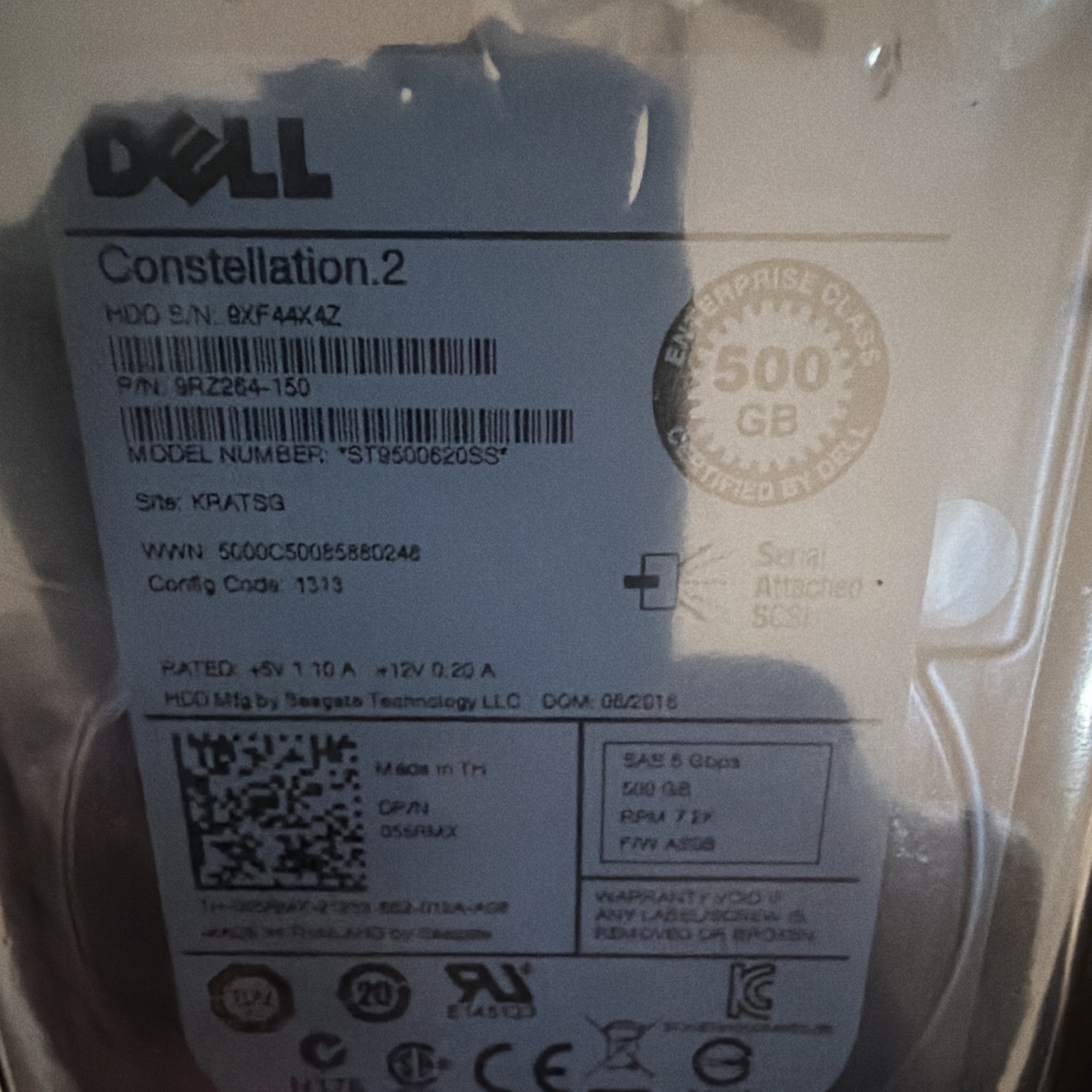 Dell Constellation.2 500GB 2.5in SAS 7200RPM 64MB HDD ST9500620SS Factory sealed