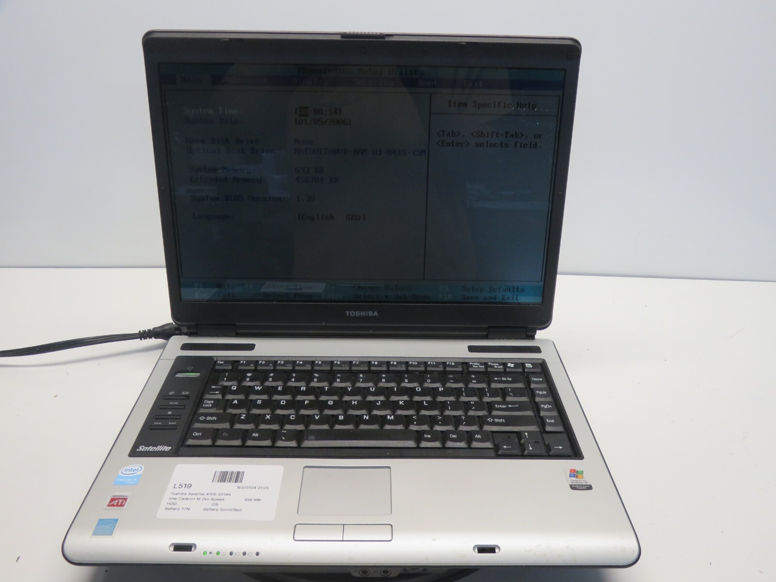 Toshiba Satellite A105-S2194 Laptop Intel Celeron 456MB Ram No HDD or Battery
