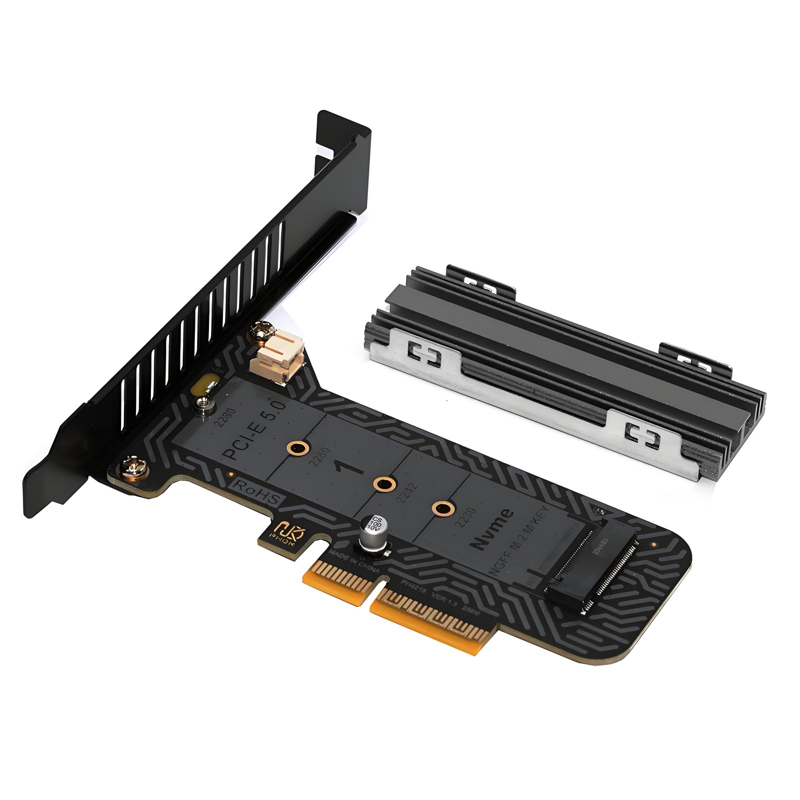 CY PCIe 5.0/4.0 x4 Low Profile to M.2 NGFF M-Key NVMe SSD Adapter Card Heatsink