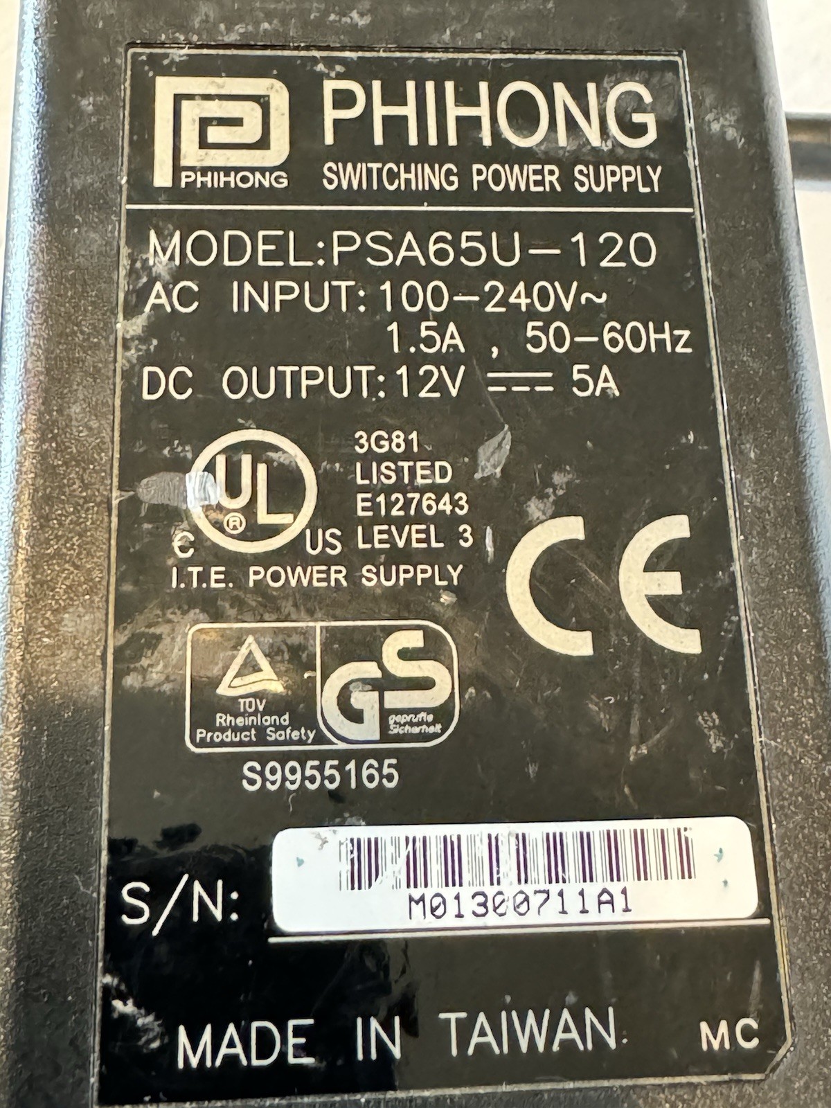 Genuine Phihong PSAC60M-120 12V 5A Power Supply Charger