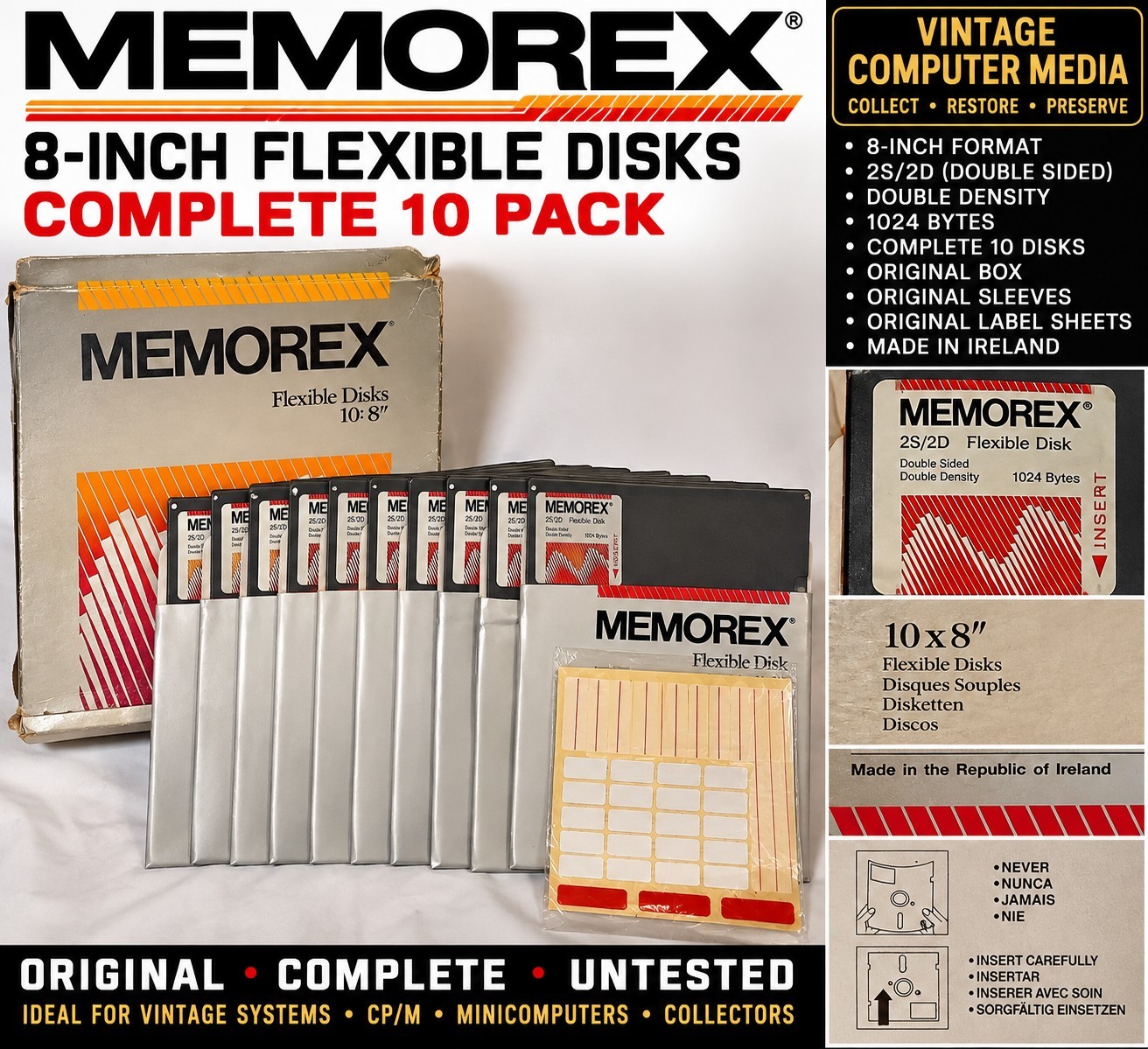 Memorex 8” Floppy Disks 2S/2D Double Sided Density Complete 10 Pack Vintage NOS