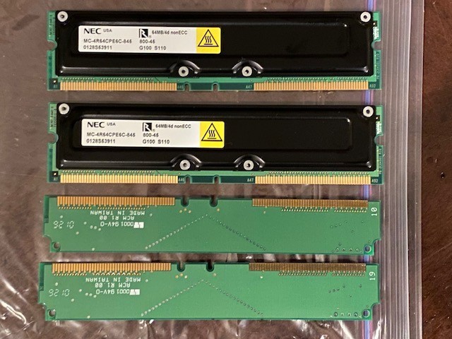 Gold 4 x RAM Memory sticks - 2 NEC Japan 64 MB non ECC + 2 unknown from Taiwan