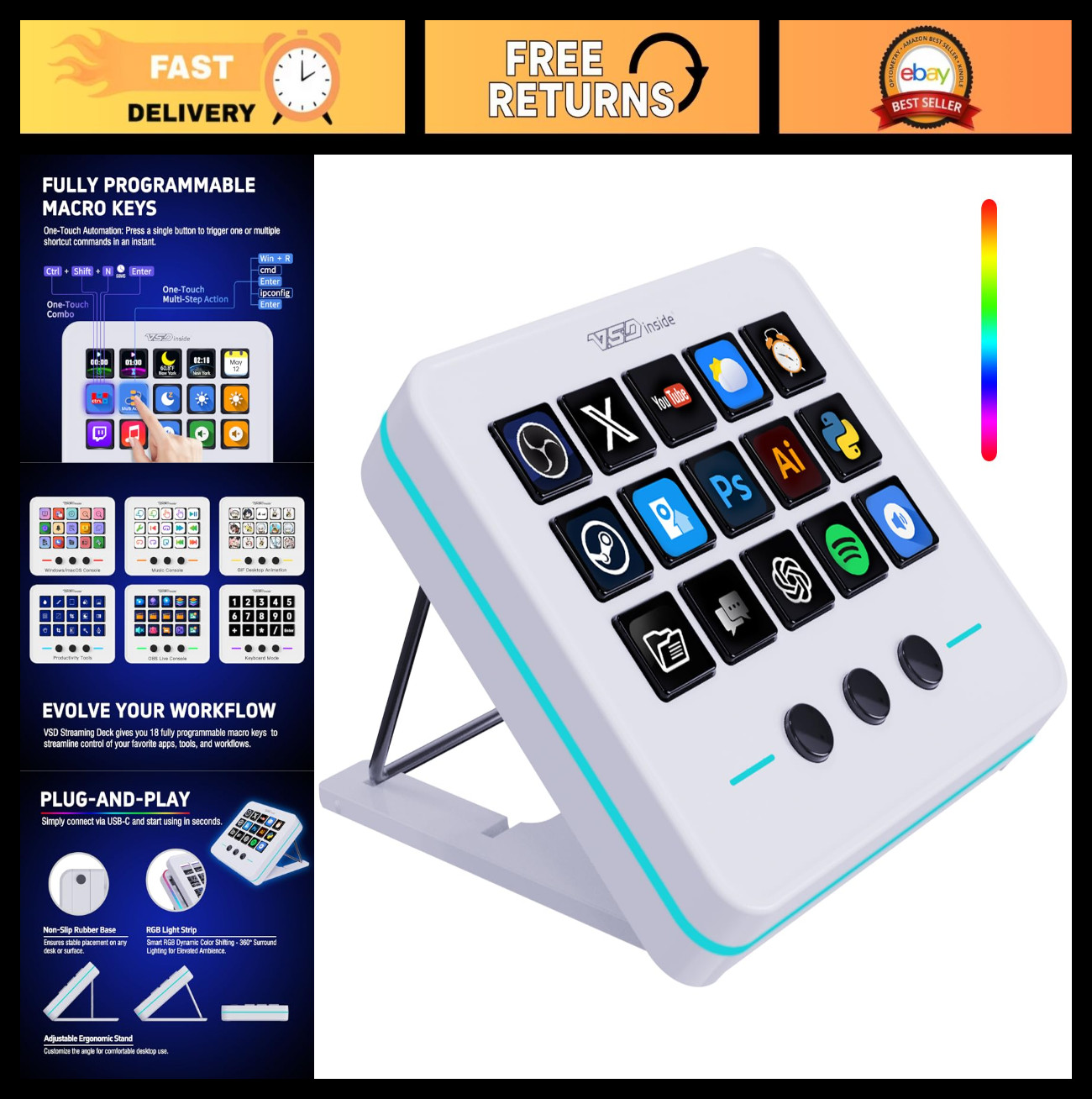 Customizable Macro Keypad - 18 Programmable Keys for Gaming & Streaming, USB Sou