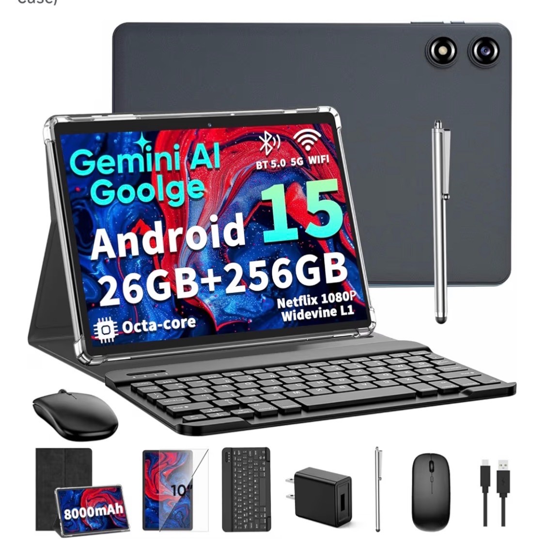 2026 10 Inch Android 15 Tablet with Keyboard, 26GB+256GB, 2TB Expand, Gemini AI