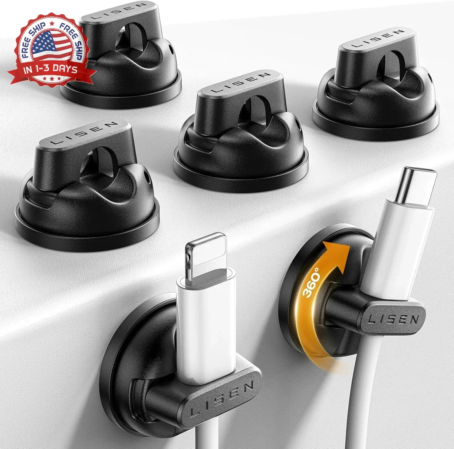 6-Pack Rotatable Cord Holder for Nightstand, LISEN 360°Rotating Magnetic Clips,