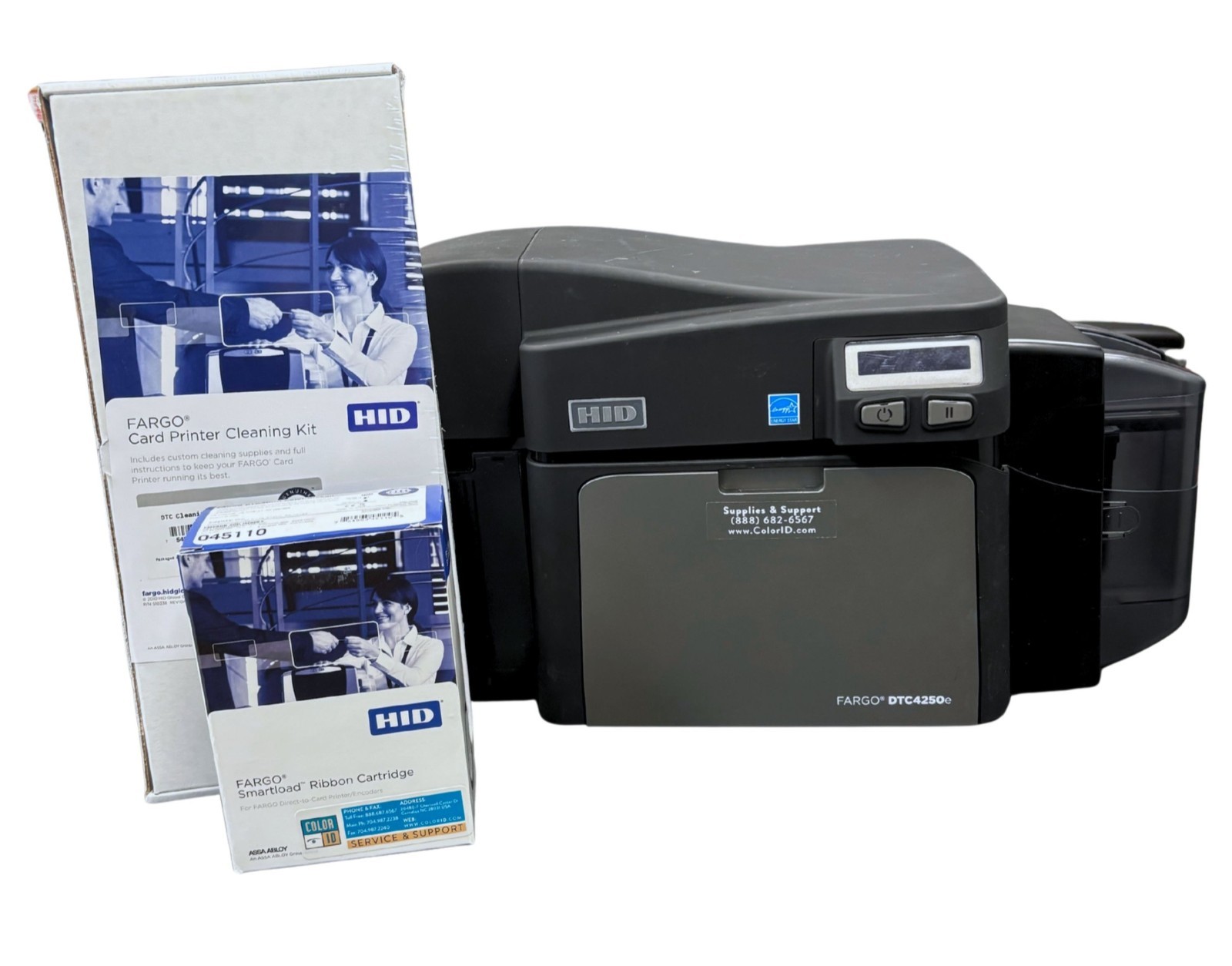 HID Fargo DTC4250E FD Dual Sided ID Card Printer Bundle W/ Power Supply