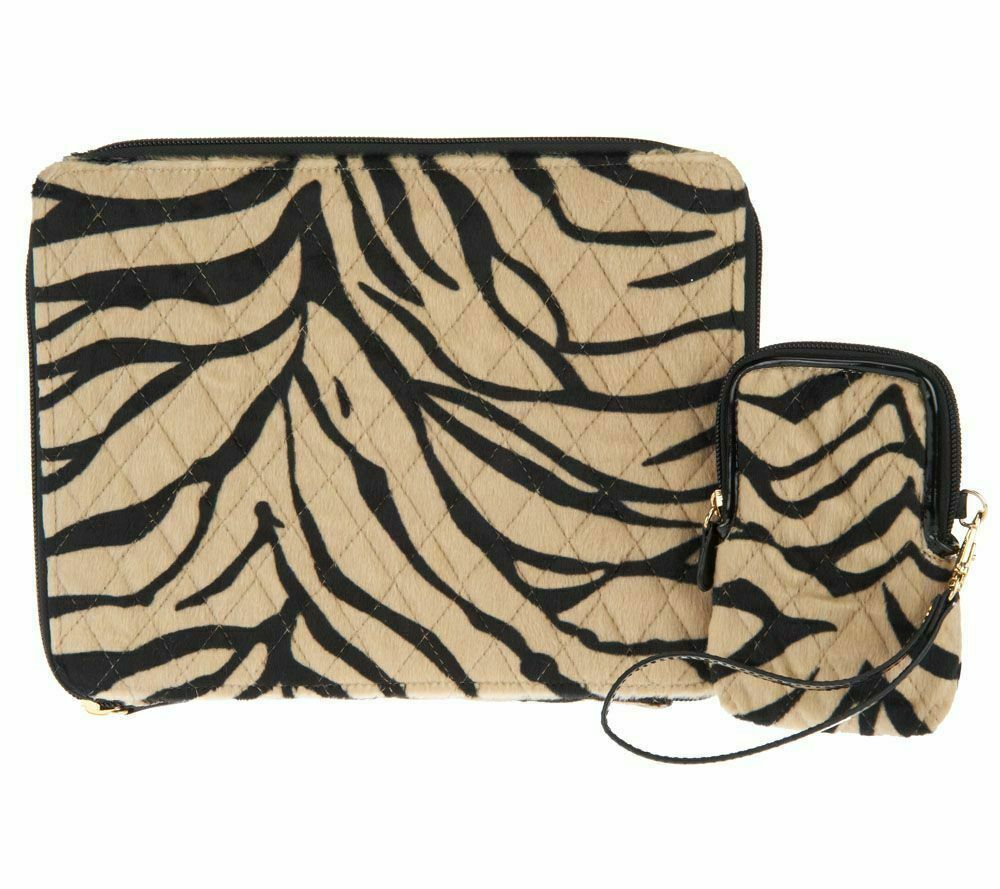 Dennis Basso Faux Fur Tablet Case and Mini Wallet Zebra Animal Print Tan/Black