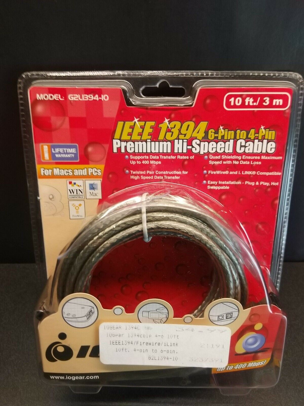 IOGear IEEE 1394 6-pin to 4-pin cable Premium Hi-Speed Cable (400Mbps) 10 ft./3m