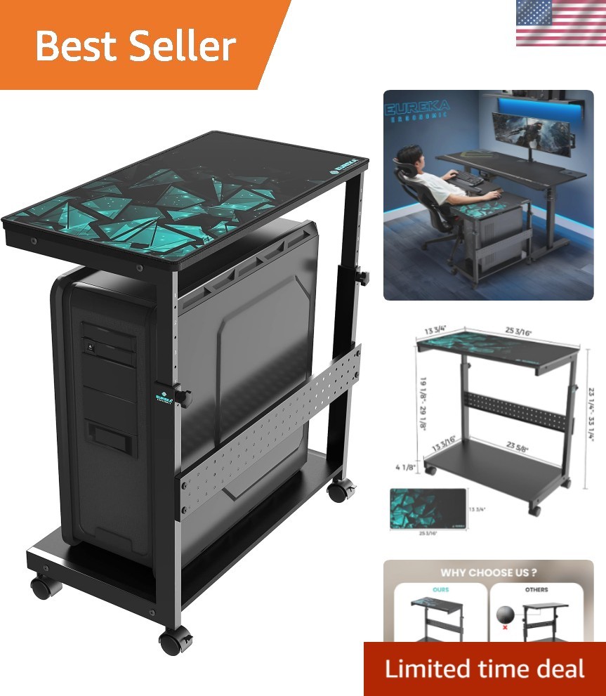 PC Stand Computer Cart, Height Adjustable Tower Stand 2-Tier Suit for ATX Cas...