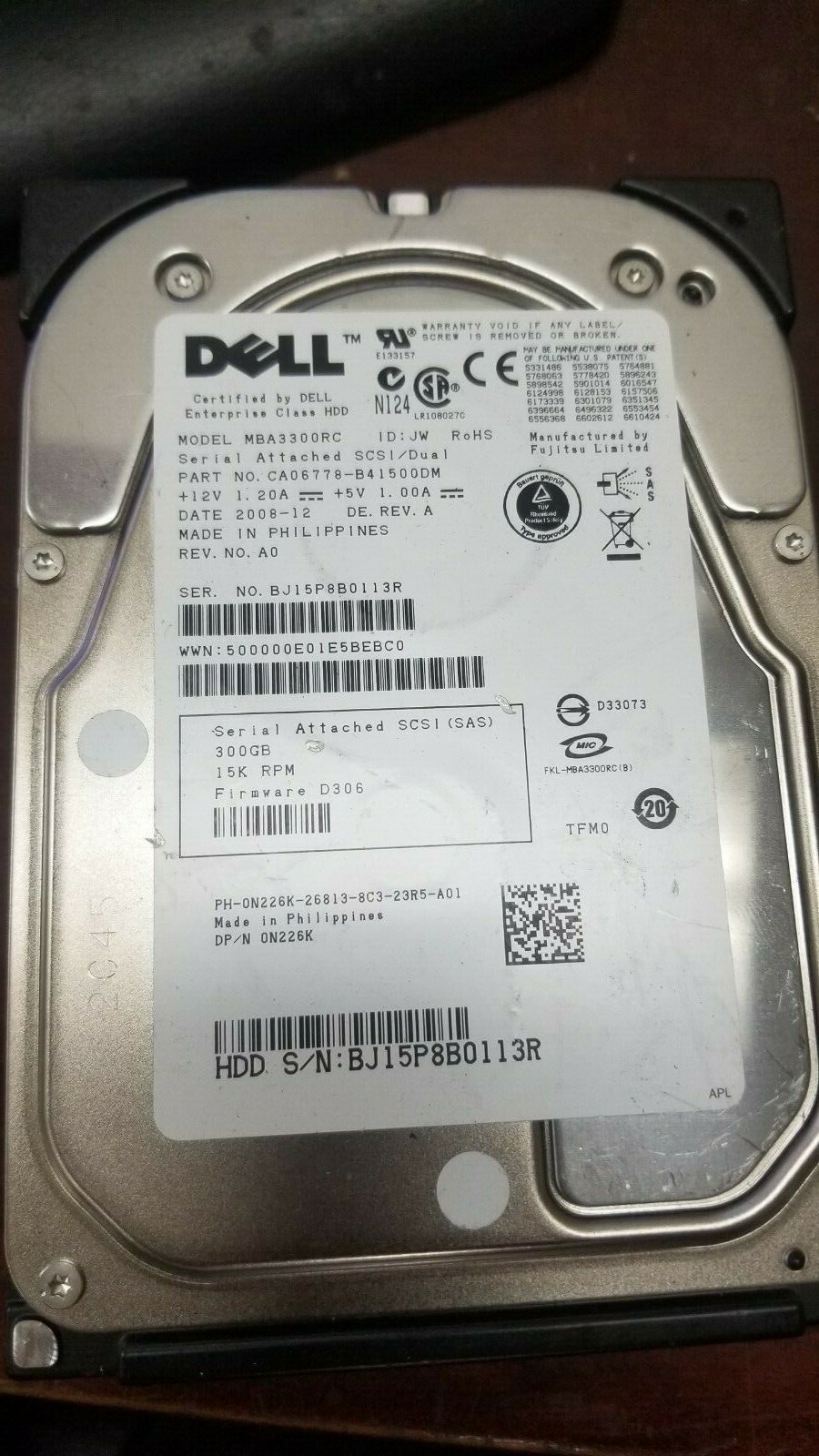DELL 0N226K Fujitsu MBA3300RC 3.5" 300GB SAS 15K RPM Hard Drive 
